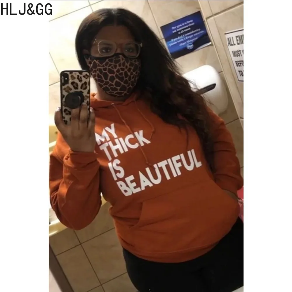 HLJ&GG Plus Size Women Letter Print Hooded Sweatshirts Women Long Sleeve Pocket Slim Tops Casual Female Matching Sporty Clothing