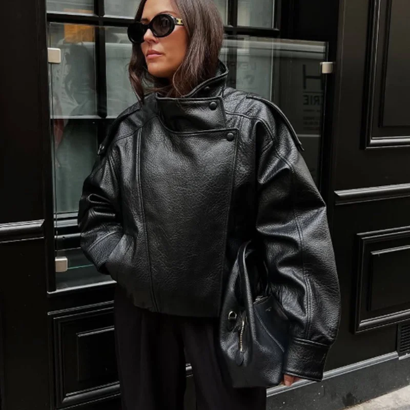 HXAO Women's Faux Leather Jacket Short Coat Black Bomber Jackets For Woman Loose Winter Outerwear High Neck Aviator Jackets