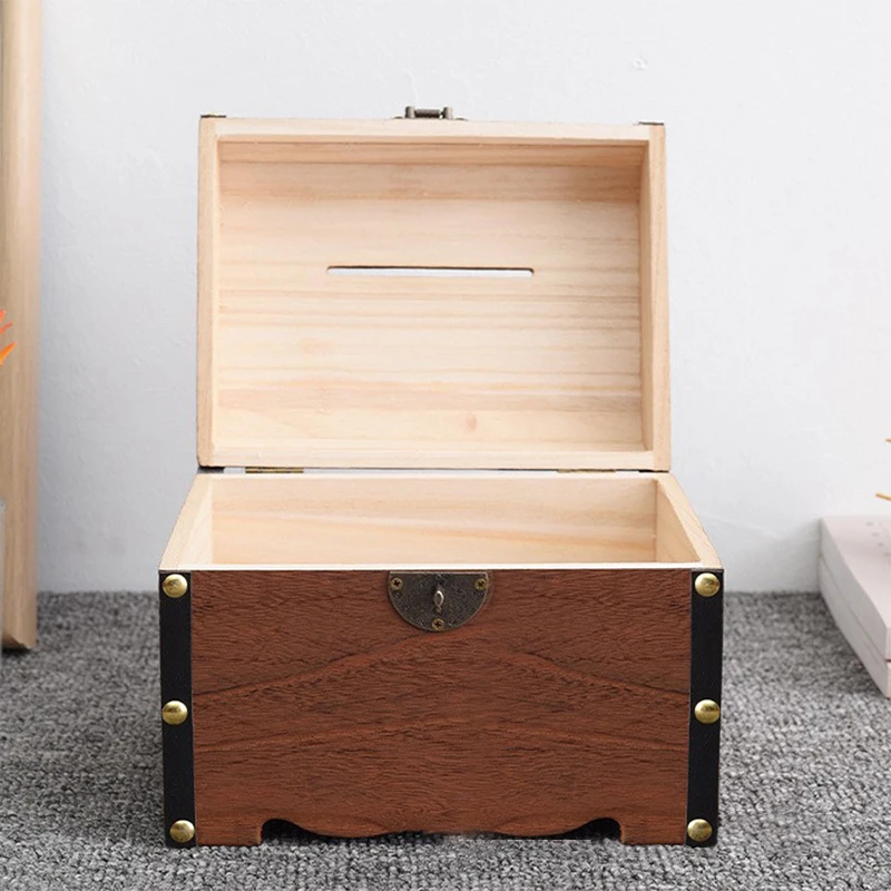 

With Lock Piggy For Home Decoration Bank Organizer Saving Box Case Wooden Treasure Chest 1 Set Vintage Treasure Storage Box