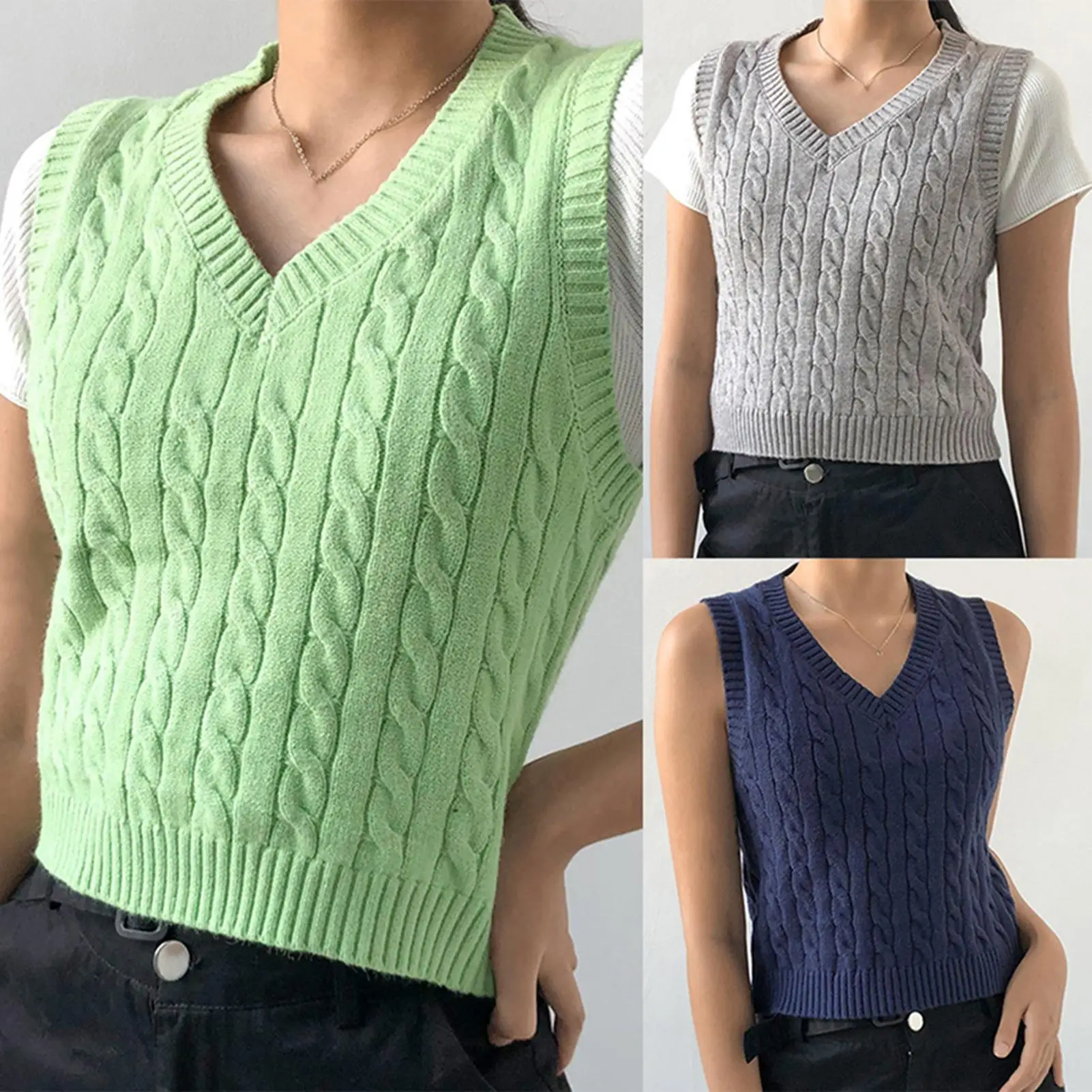 Sweter damski Kamizelka Casual V-neck Retro Preppy Style Sleeveless Pullover Crop Top Oversize Sweter свитер женский Sweter z dzianiny