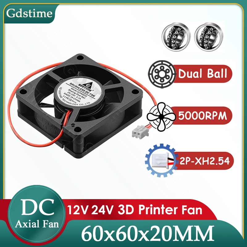 

Gdstime 6020 Fan 24V 12V 5V DC Cooler 60x60x20MM Dual Ball Cooling Fan 60MM Power Supply Axial Fan for 3D Printer Part Cooling