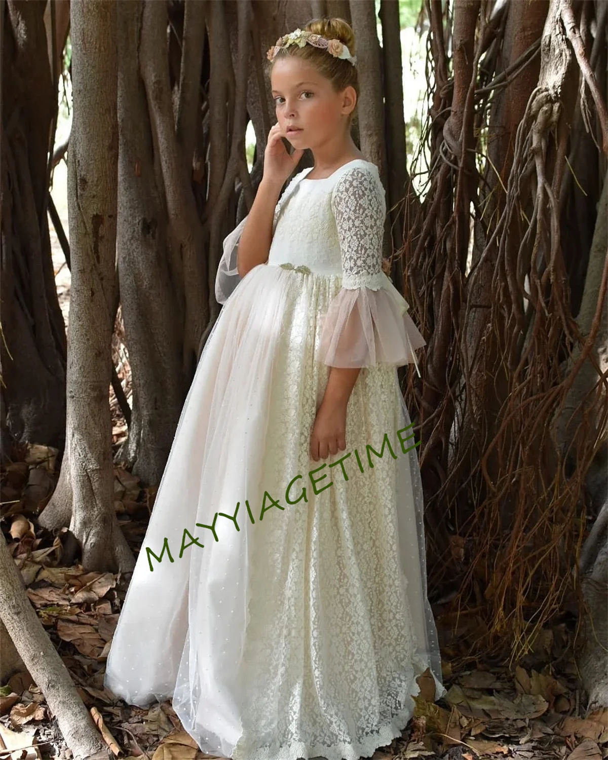 

Flower Girl Dress for Kid Birthday Princess Lace Floral Ribbon Belt Bridemini Ruffle Edge Folds Cotton Wedding Gown