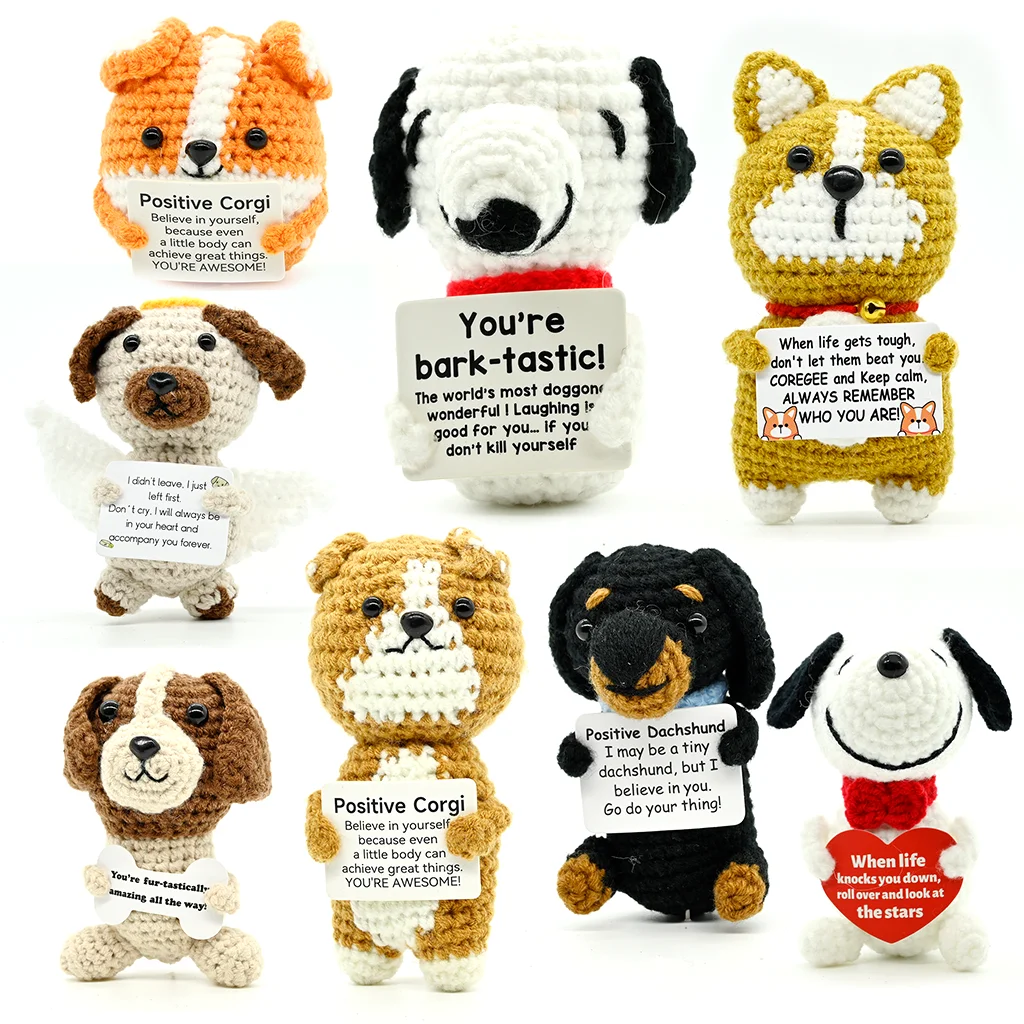 Muñeco de Ganchillo de Perro con Energía Positiva de la Serie Animal, Adorno Decorativo Tejido a Mano con Tarjeta de Incentivo, Mini Regalo Decorativo para Escritorio