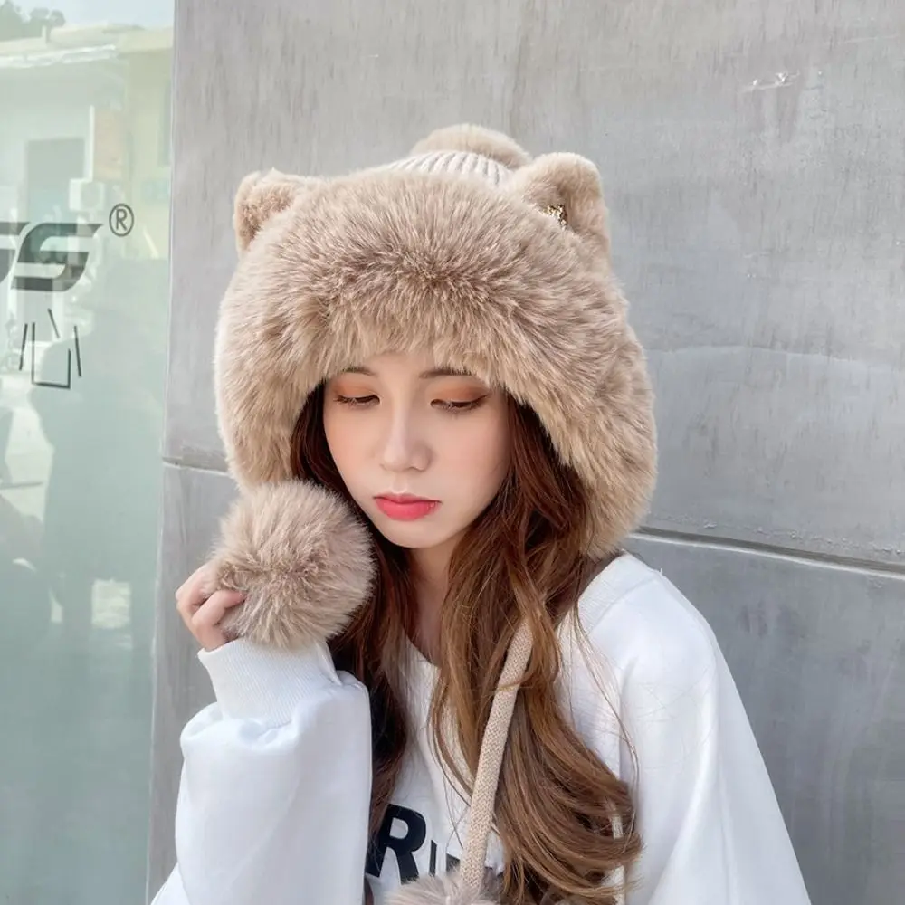 Новые теплые вязаные шапки с героями мультфильмов, плюшевая шапка с кошачьими ушками, пушистая меховая шапка-бини, утепленная шапка, зимняя шапка