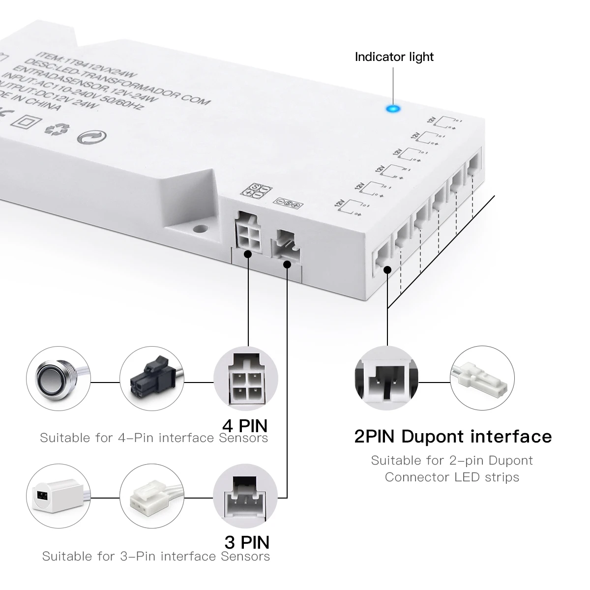 AC110-250 to DC12V Lighting Transformer 4/6/10x Dupont Port 18/24/36/60/100W Power Supply Adapter Cabinet Light Strip LED Driver