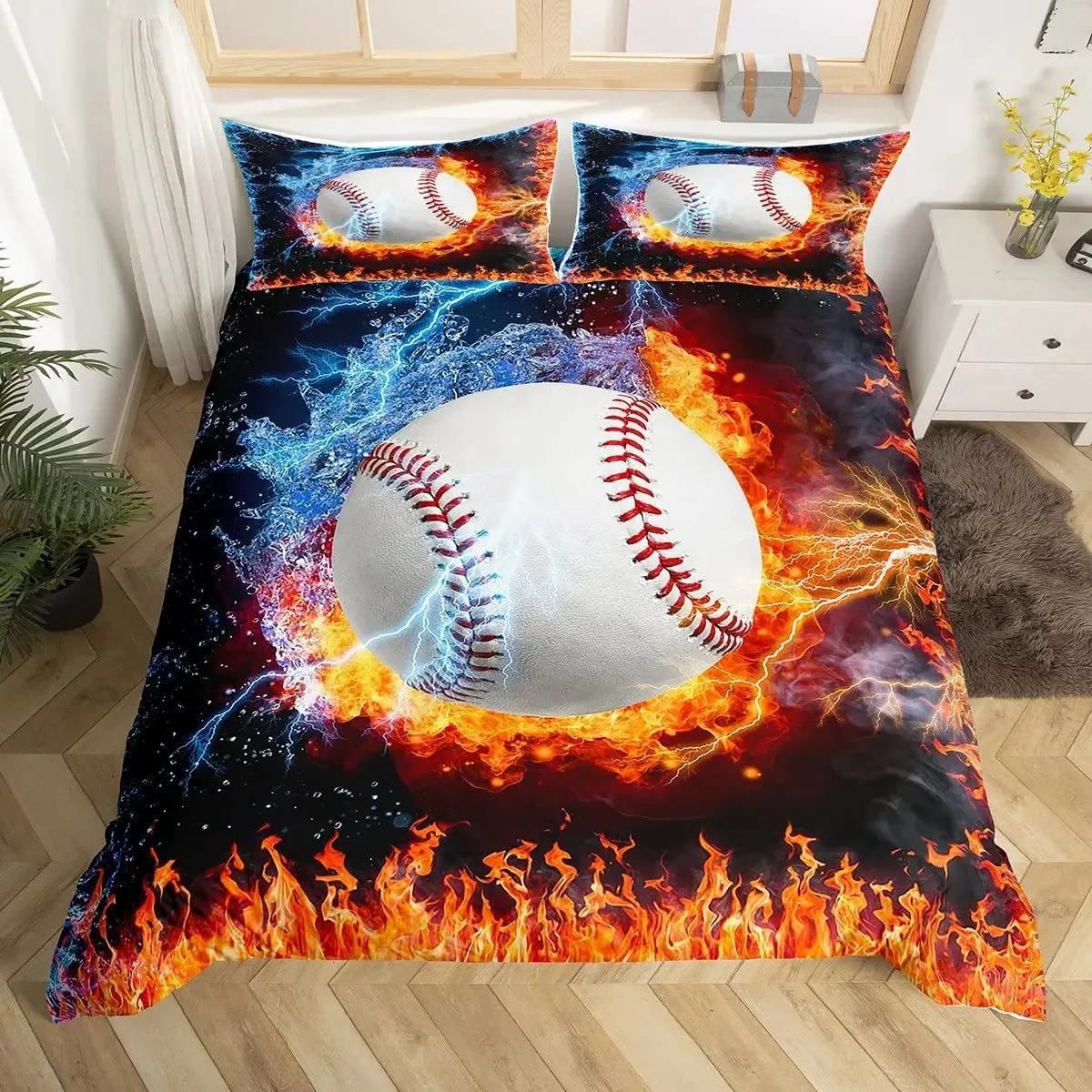 

Baseball Duvet Cover Set Queen Size for Teen Boy Room Decor,Fire and Ice Sport Baseball Comforter Cover Sports Theme Bedding Set