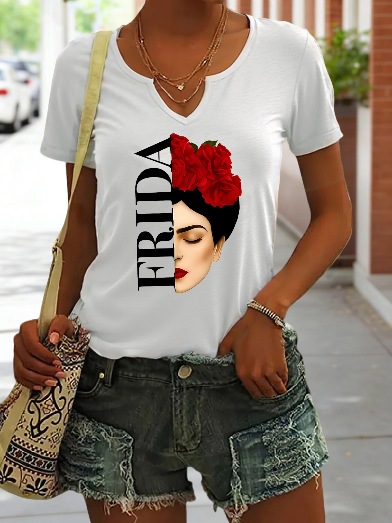 Women's Summer V-Neck Short Sleeve T-Shirt, Frida Kahlo with Red Roses Print, Artistic Feminist Casual Fashion Top