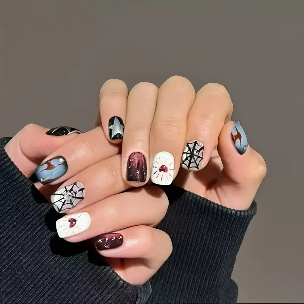 10pcs Halloween Handmade Press on Nails Dark Love Spider Web 3D Smudged Fake Nail for Women&Girl Detachable Wearable False Nail
