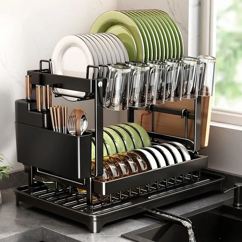 2 Tier Kitchen Dish Bowl Drainer with Drain Basket Dish Chopsticks Knife Water Cup Storage Rack Countertop Dinnerware Organizer