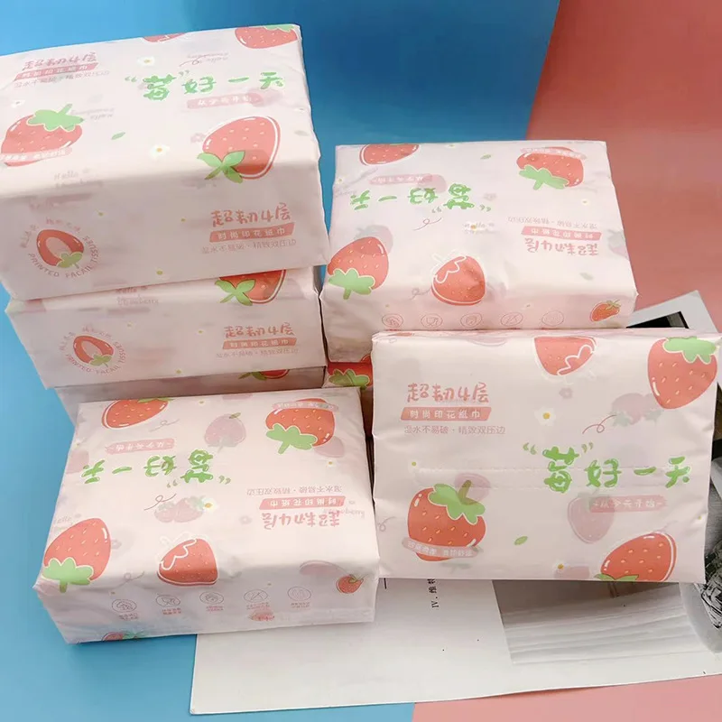 300 Sheet/Pack Household Tissue 4 Layers Disposable Facial Paper Original Wood Pulp Paper Strawberry Printed Toilet Paper Colo