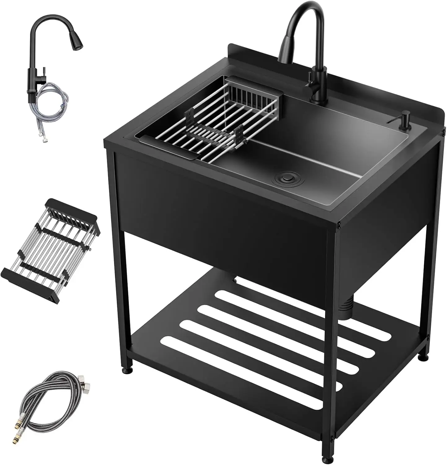 

Stainless Steel Utility Sink, 33.5" × 26.1" ×36.6"Freestanding Sink with Cold and Hot Water Faucet,Hoses and Drain Kit for Kitch