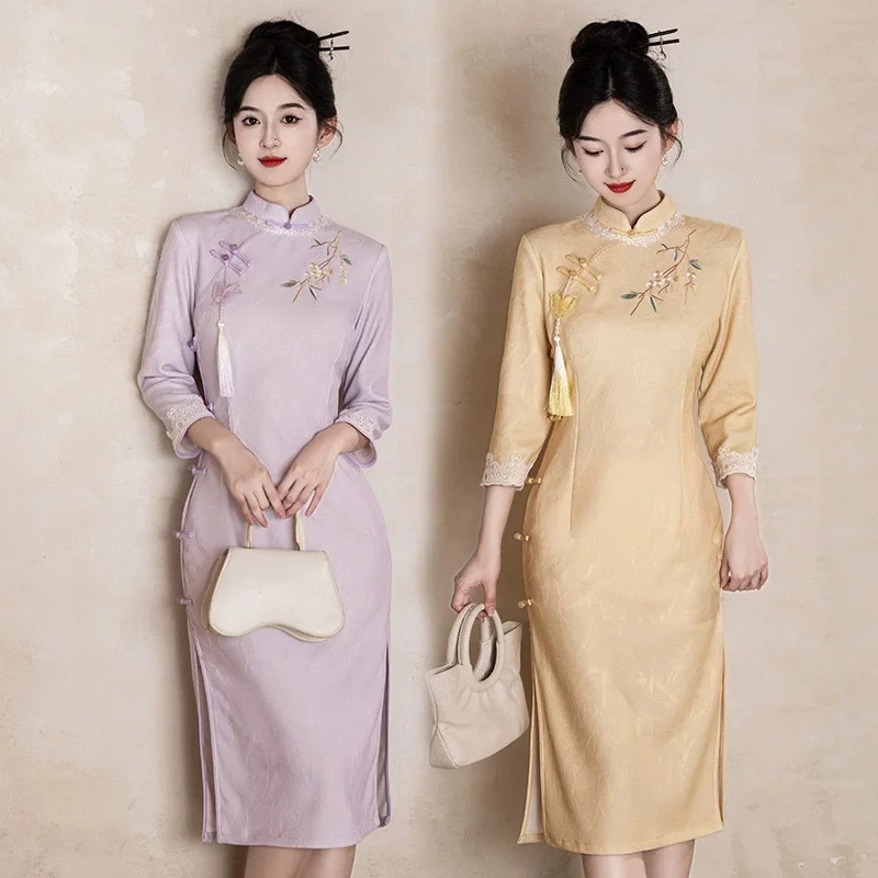 

Traditional Mandarin Collar Qipao Autumn New Long Sleeve Cheongsam Vintage Classic Female Chinese Dress Sexy Vestidos De Festa