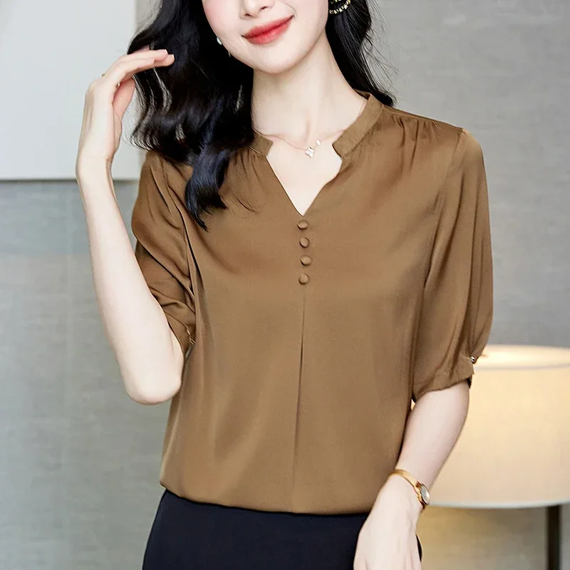 Fashion Woman Blouse 2024 Summer V-neck Half Sleeve Elegant Shirts And Blouses Women Solid Tops Loose Real Silk Woman Shirt