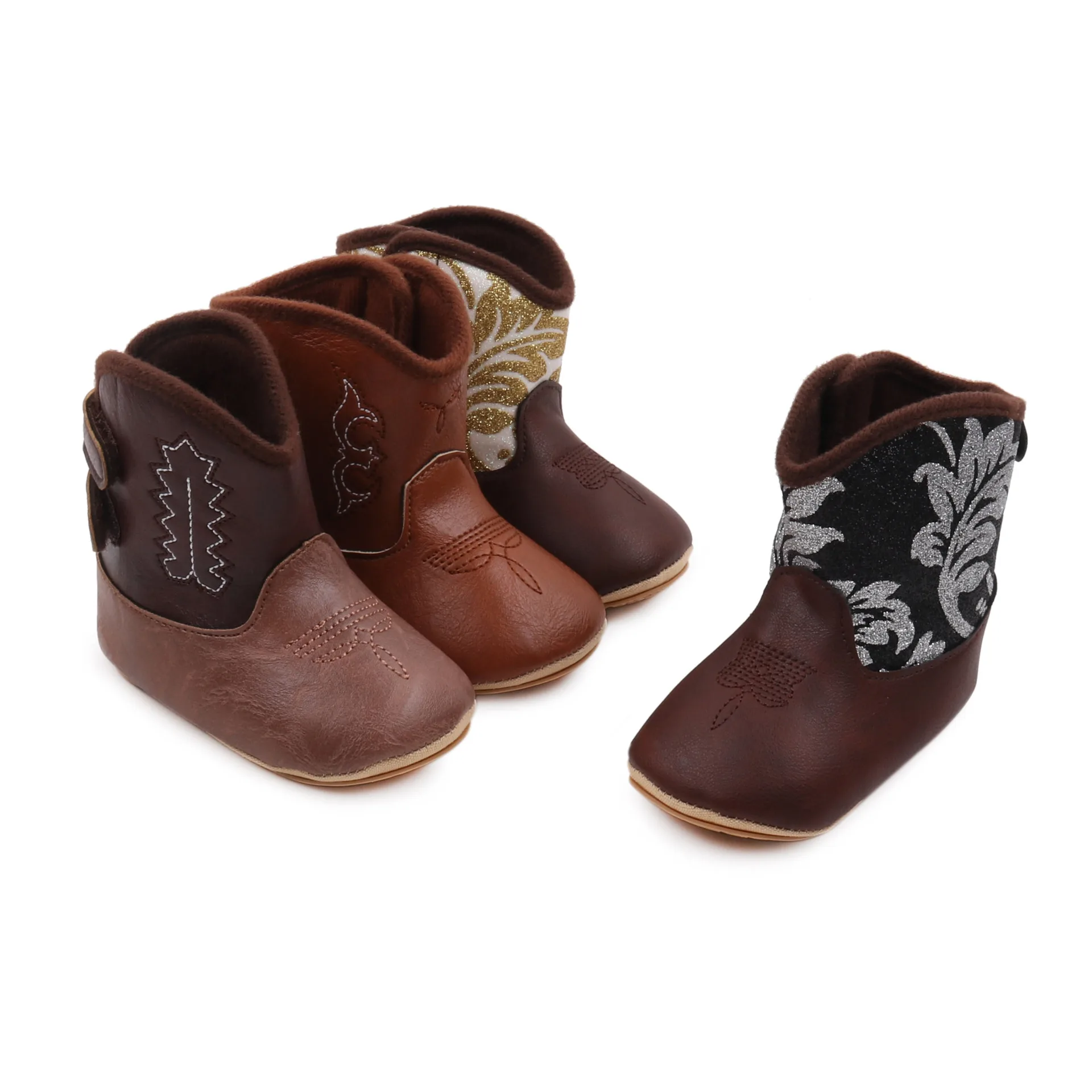 1 Pair Western Cowboy Boots High Top PU Leather Embroidered Baby Boots for 0-12 Months Infant Boys Girls Shoes