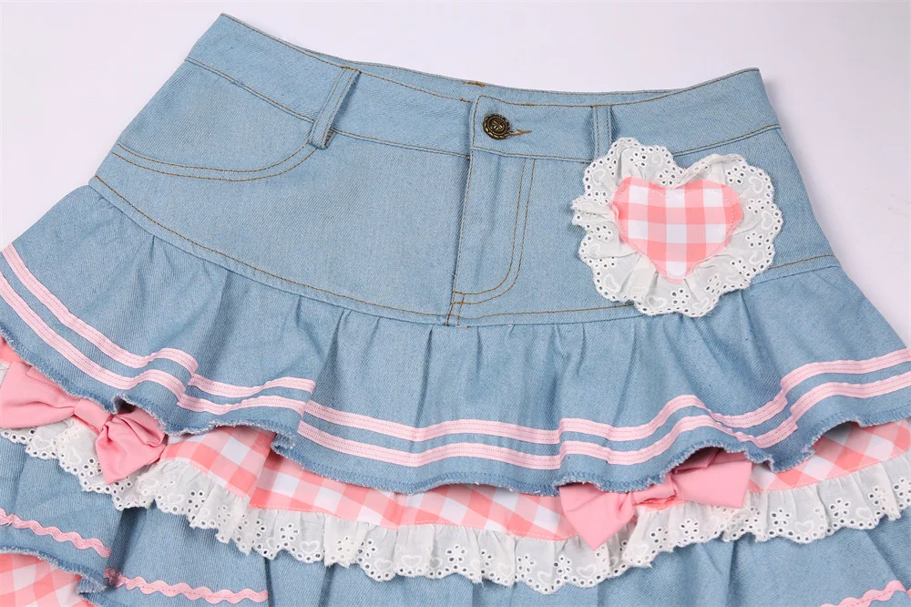 Y2k Kawaii Denim Skirt Mini Party Sweet Ball Gown Aesthetic High Waist Skirts 4 Layer Ruffle Cake Skirts E Girls Summer Skater