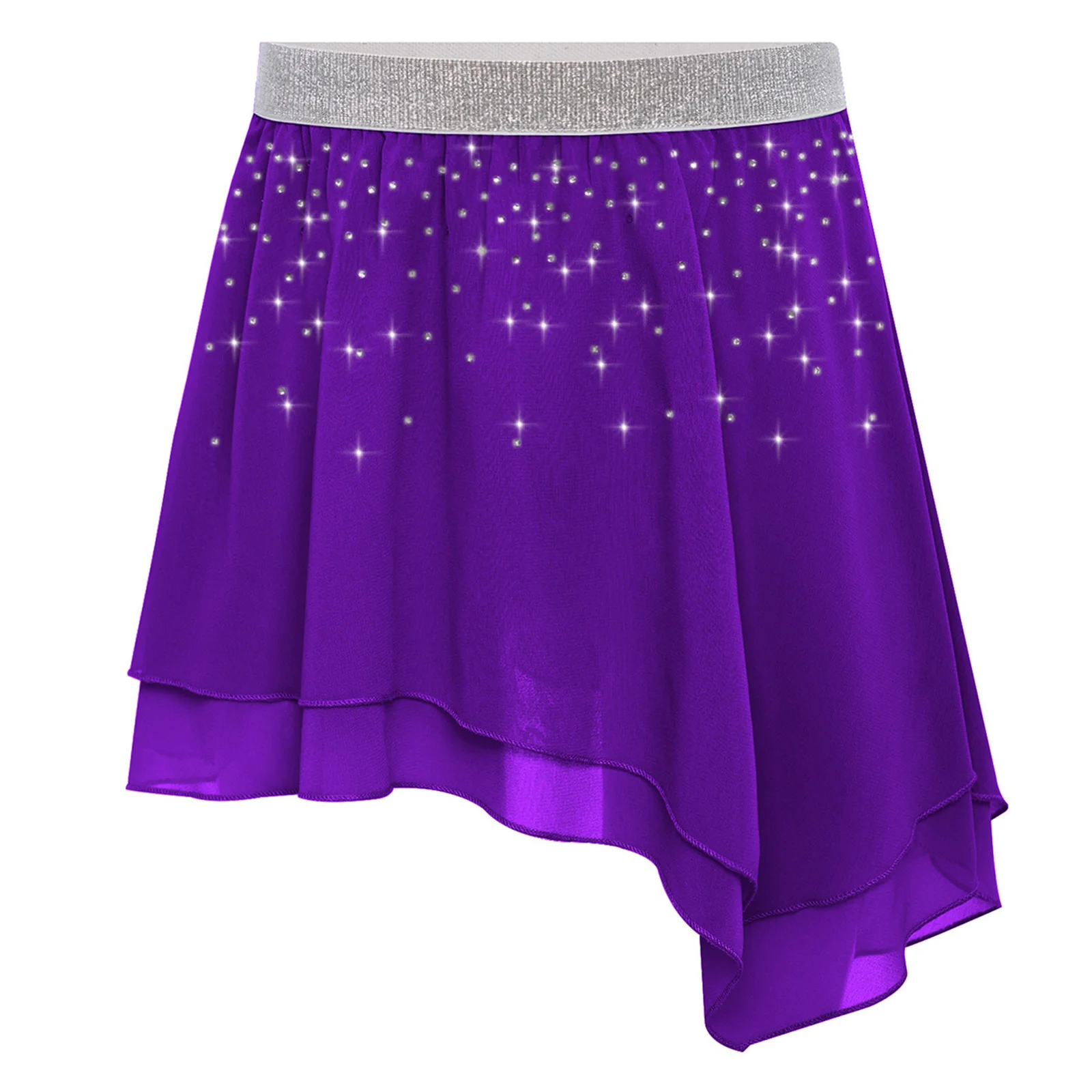 

Girls Shiny Rhinestones Chiffon Skirt Ballet Dance Practice Skirt Stage Performance Outfit Breathable Mesh Asymmetrical Costume