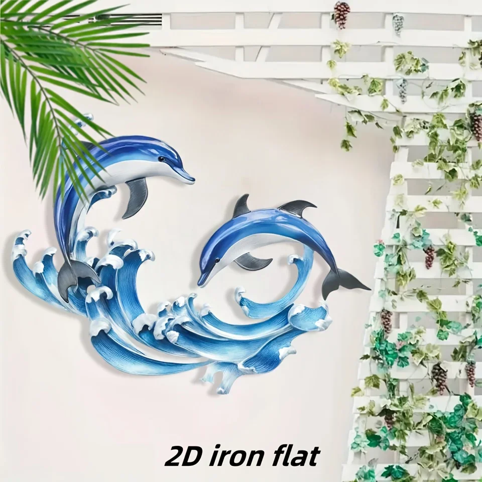 CIFBUY Dolphin Wave Metal Wall Decor, 2D Flat Iron Sea Creature Wall Art, Sea Themed Wall Hanging for Coastal Home