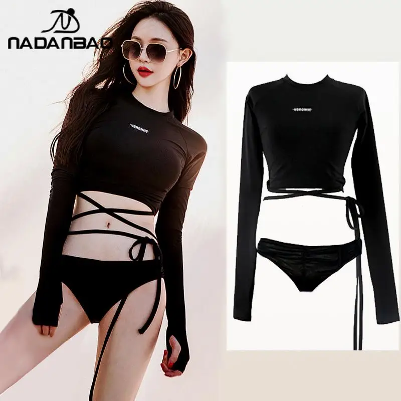 

Nadanbao Black Sexy Two-Piece Surfing Beachwear Women Lacing Zippper Bikini Set Female Fashion Long Sleeve Swimsuits Summer