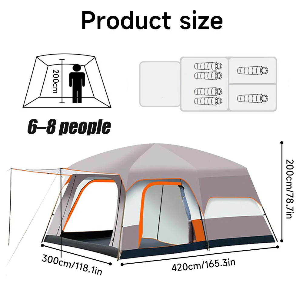 Tragbare Outdoor-Zelte für Camping, großes Familienzelt mit Räumen für 2-8 Personen, wasserdicht, Ein-Zimmer- und Ein-Wohnzimmer-Design für Camping, Wandern, Reisen
