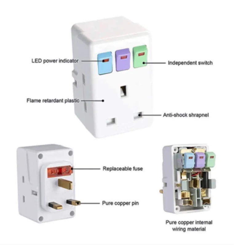 UK-Stecker, 250 V, 13 A, tragbar, mehrfarbig, 1 bis 3 Wege, Reiseadapter, Steckdose mit EIN/AUS, unabhängiger Steuerschalter, Umwandlungsstecker