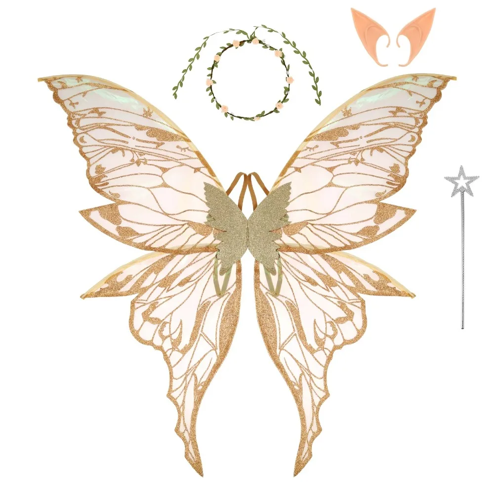 Alas de mariposa de hadas creativas, alas revoloteadoras, disfraz de hada brillante, conjunto de alas, varita de estrella, orejas de elfo, juego de alas de vestir, accesorio para fotografía