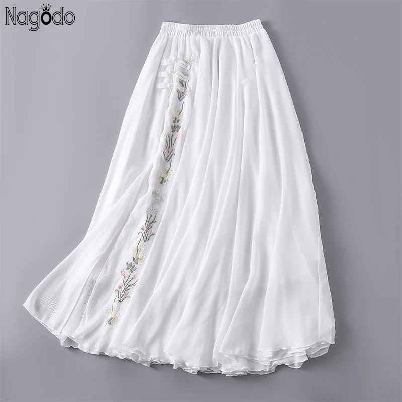 

Summer Vintage Women's Long Skirt Flower Embroidery Elastic High-waisted Midi Skirt Loose Double Layer Chiffon White Dress