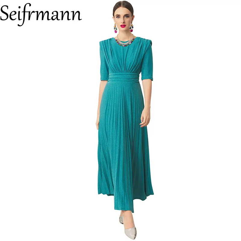 

Seifrmann 2026 summer women's new fashionable round neck short sleeved waist cinched pleated long dress