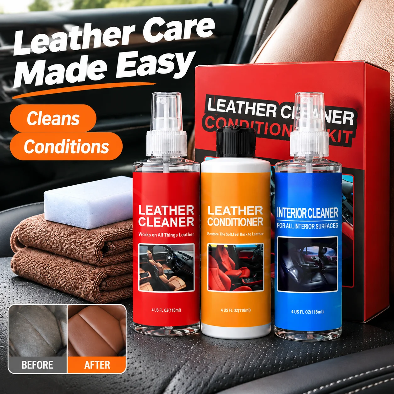 3-in-1 Leather Cleaner Conditioner Kit, Car Interior All Surface Cleaning Set with Towels & Sponge for Auto Seats Dashboard Furniture