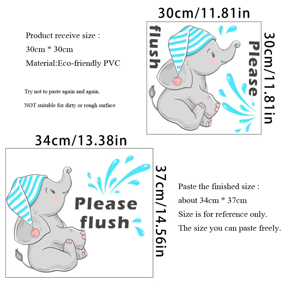 Cartoon Baby Elephant Please Flush Wall Stickers Bathroom Toilet Room Decor Decals Self-adhesive Home Decoration Beautify Mural