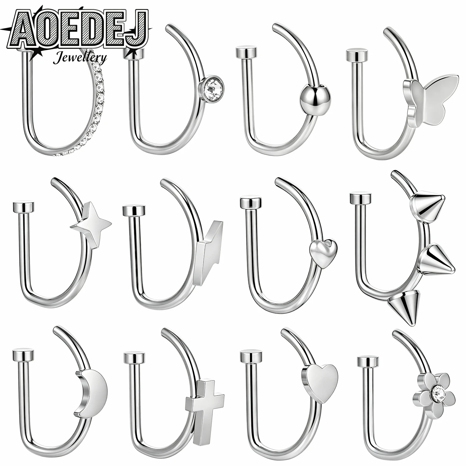 AOEDEJ 1-10pcs/lot D Shape 18G Stainless Steel Nose Rings CZ Crystal Nose Piercing Moon Star Flower Spike Nostril Piercings 10MM
