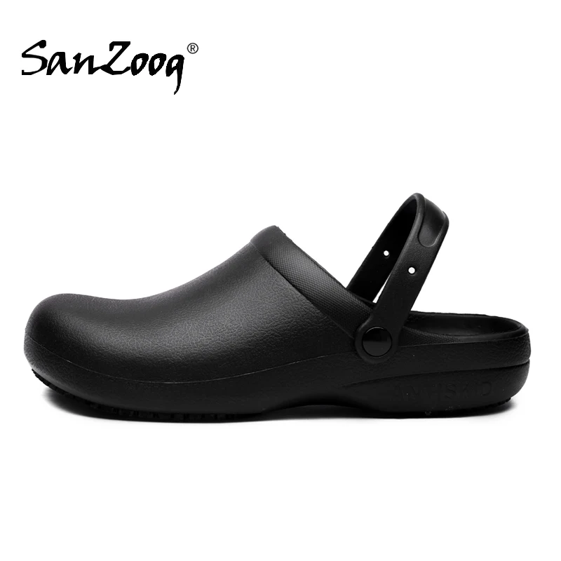 Pure Black Anti Skid Rubber Sandals Chef Shoes Kitchen Cook Waterproof Garden Shoes Clogs Without Holes Plus Big Size 47 48 49