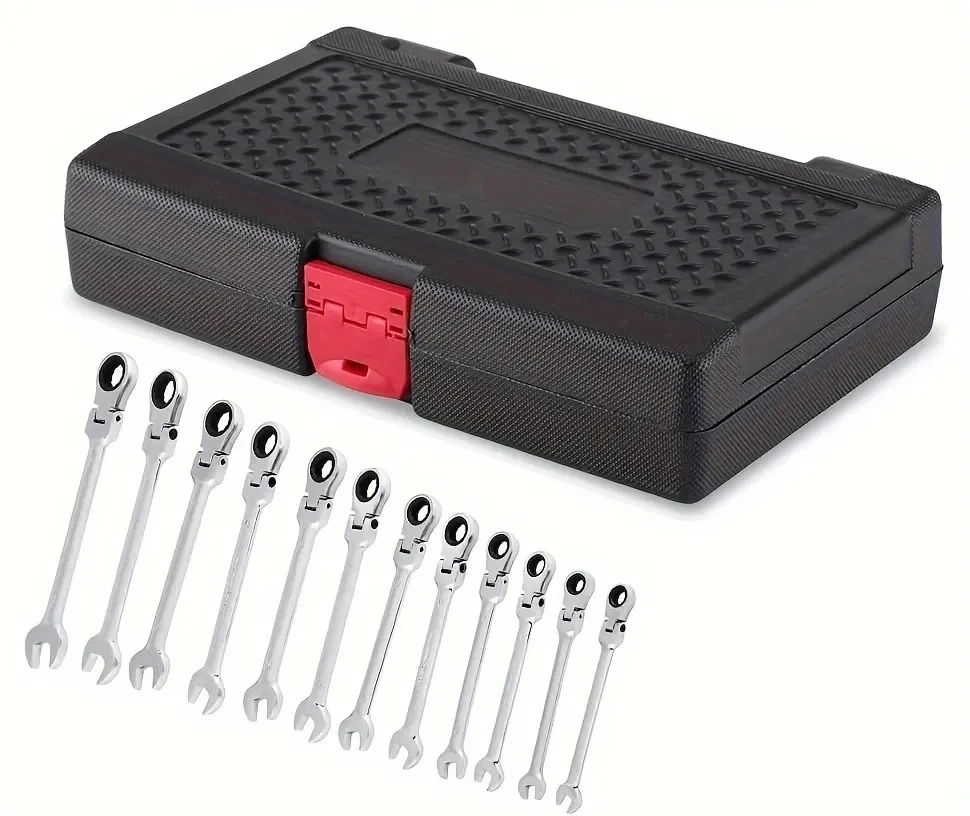 12-piece Flex-Head Ratcheting Wrench Set Metric Ratchet Spanner Tool Kit With Storage Case For Home And Auto Repair