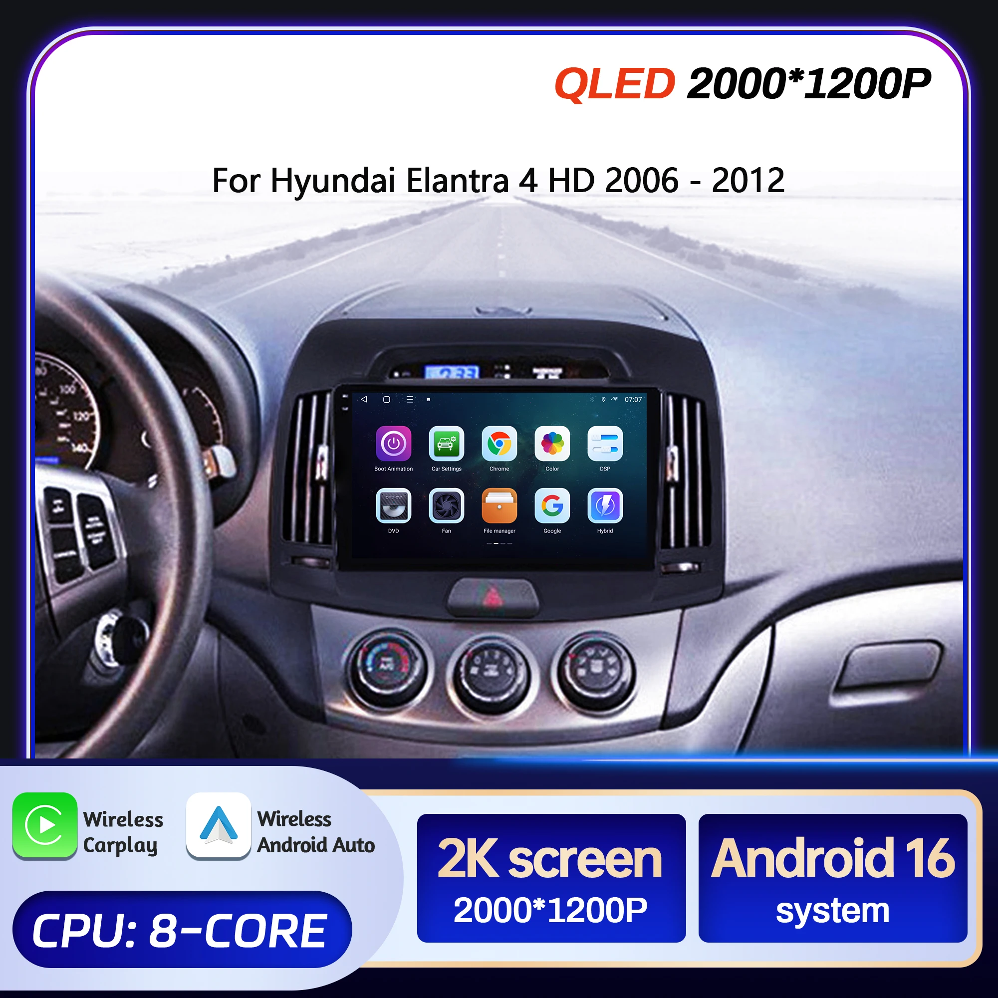 9 inch Car Radio For Hyundai Elantra 4 HD 2006-2012 Android 16 Multimedia BT Carplay Navigation Head Unit 2K QLED Screen