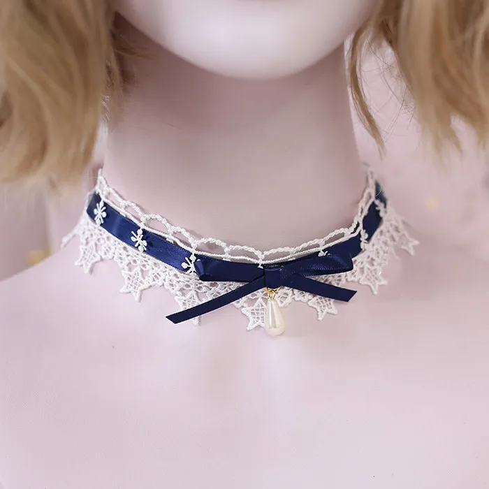 lolita lace Choker Necklace， Sexy  pearl Loli necklace，Bowkot pendant Harajuku  Ribbon Chain