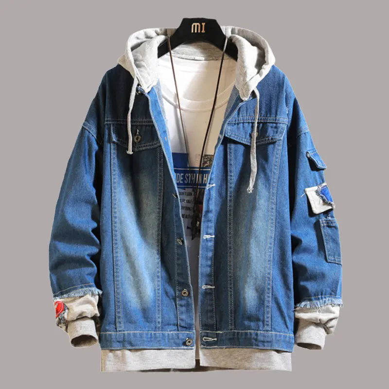 2023 Mens Hooded Denim Jacket Hip Hop Jeans Coat Retro Streetwear Casual Bomber Jacket Outerwear Male Jeans Hoodies Coats