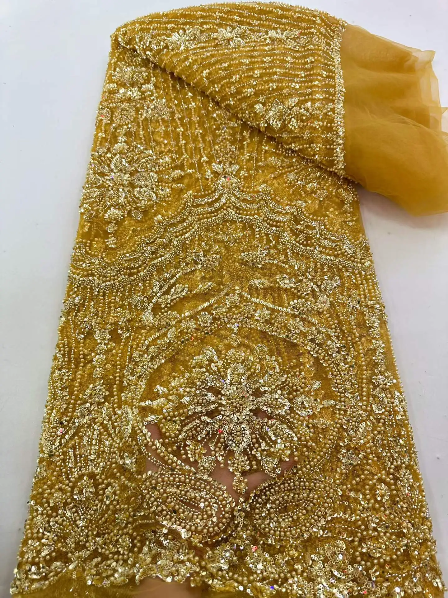 

Luxury Sequins Beads Lace Fabric with Heavy 3D Embroidery Flower Fabric Fashion French Tulle Mesh Lace Fabric for Dress