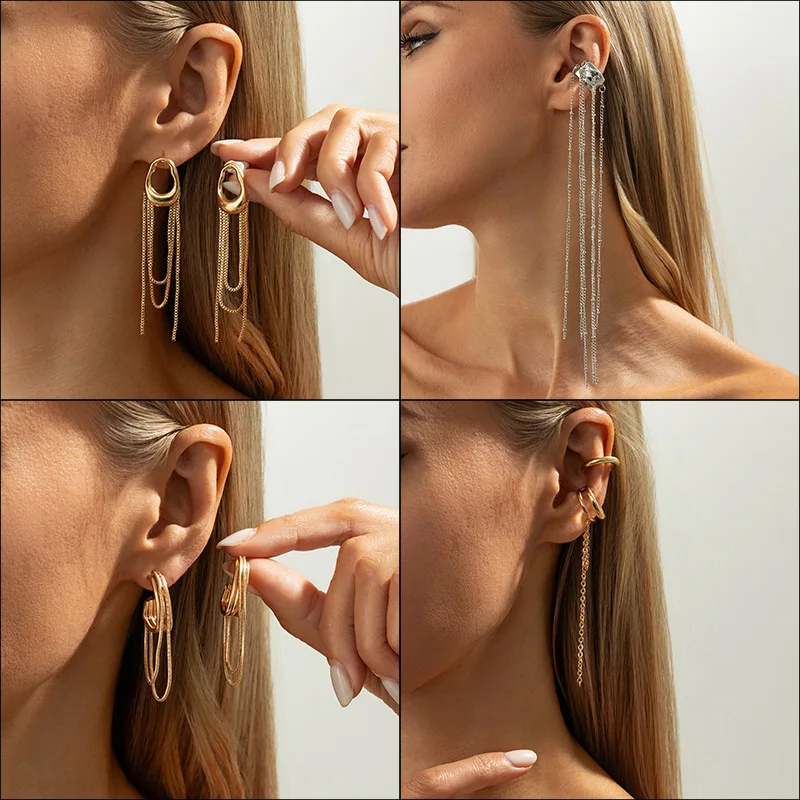 Stainless Steel Metal Tassel Chain Long Hanging Drop Earrings for Women Girl's Daily Wear Trending Jewelry Recommend
