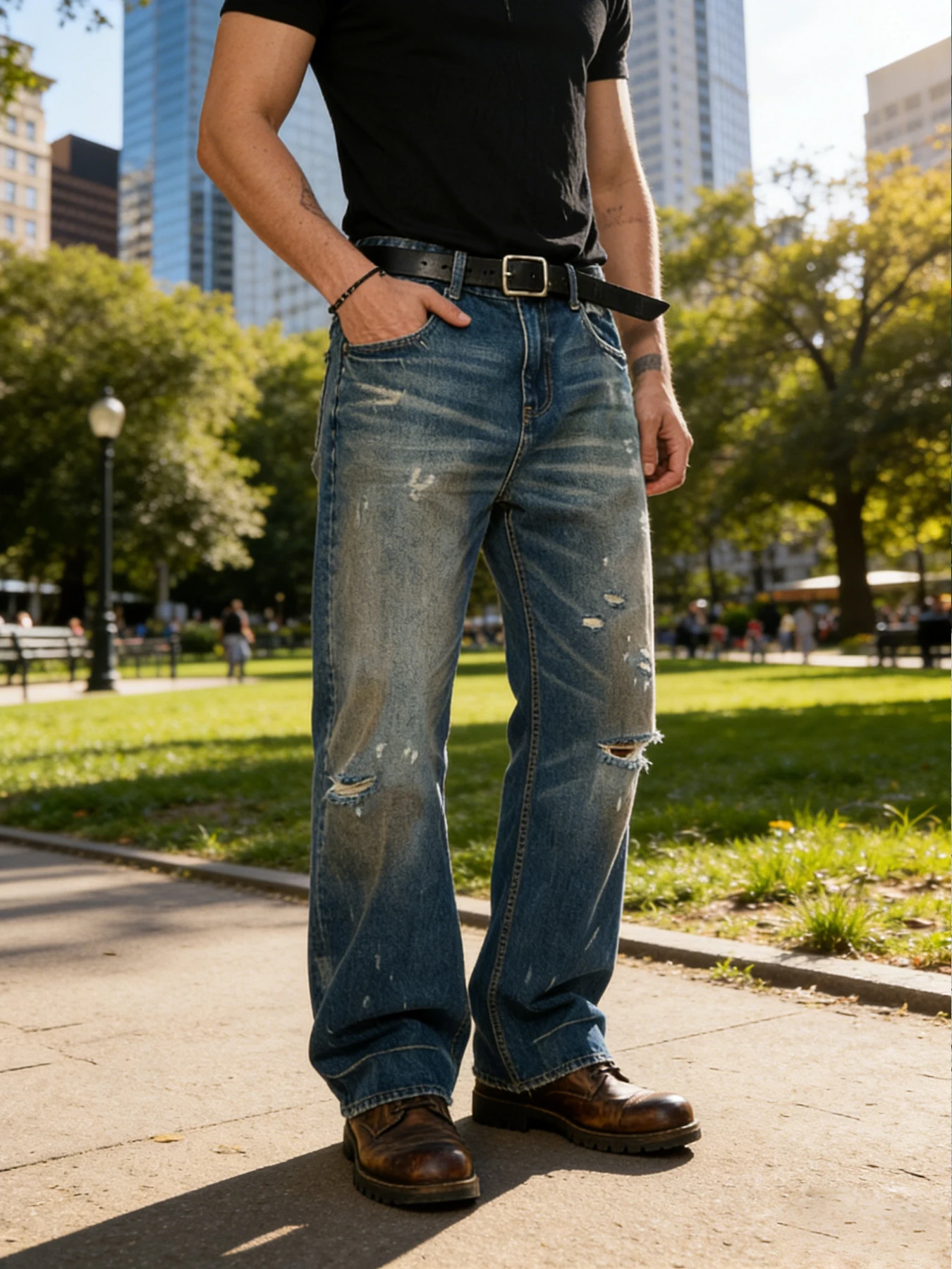 

Vintage distressed ripped jeans for men, loose straight-leg, high-street trendy brand versatile long pants
