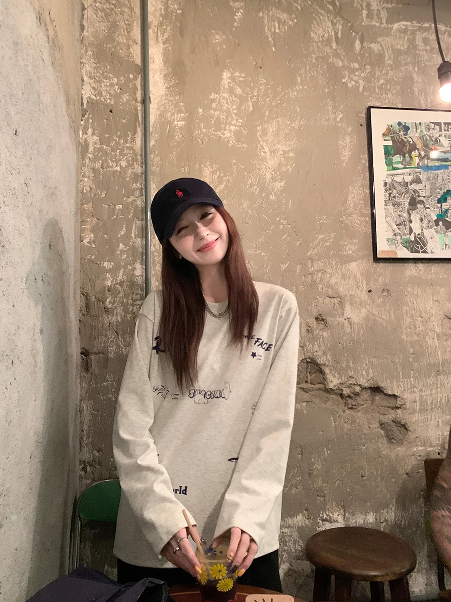 

Футболка YANUOYU Fun Amusement с круглым вырезом и принтом, мягкая, для многослойных образов, базовая, для повседневной носки, зимний сезон, смесовый хлопок