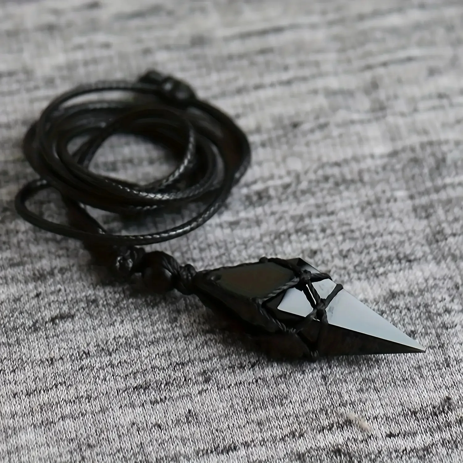 Natural obsidian necklace: handmade Bohemian jewelry. Glossy rhombus crystal pendant. Unisex, year-round wear for daily/special