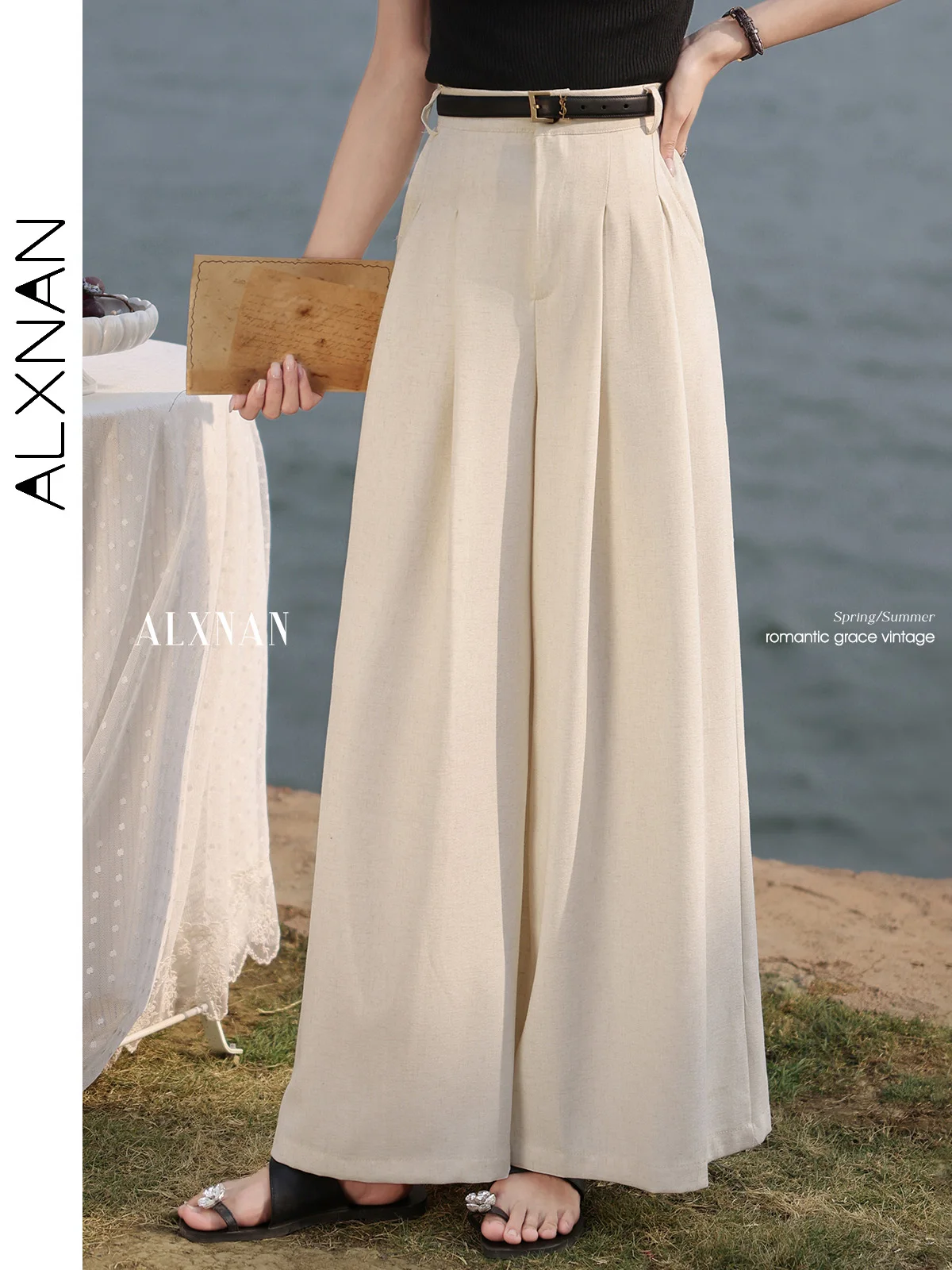 

ALXNAN Women's Pants Elegant Wide-leg High-waist Straight Baggy Pants 2025 Summer Apricot Casual Office Lady Trousers New L55388