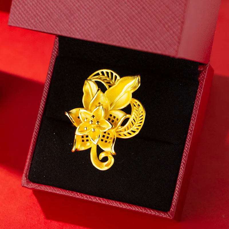 

Gold Shop Same Style 9999 24K Real Gold Women's Gold Ring with Opening Wind Flower Moon New Fashion Gift Beautiful Jewelry