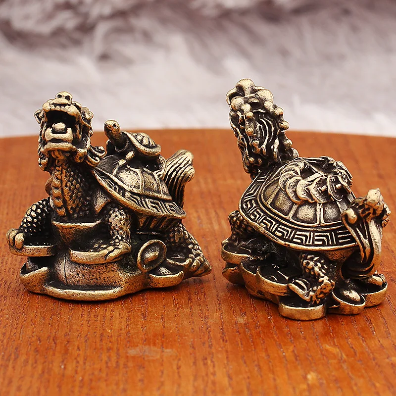 Pure Dragon Mother and Child Money Ornament Brass Retro Treading Copper Coin Ingot Turtle Tea Table