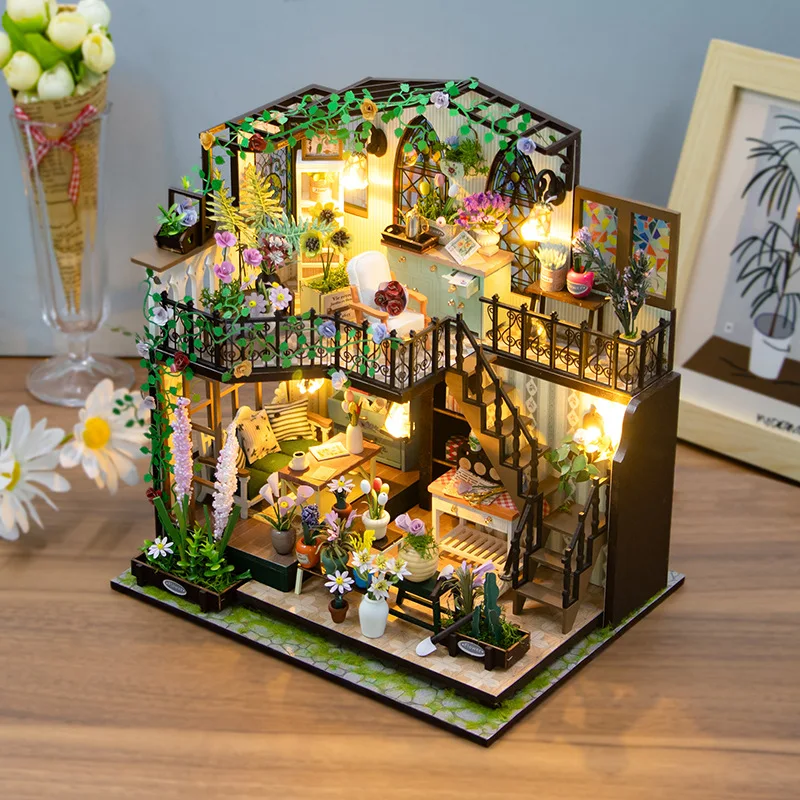 

DIY Handmade Dollhouse Two-storey Villa Garden House with Working Lights and Furniture