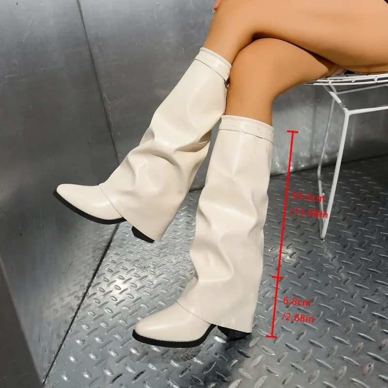 Women's Boots 2026 New Pointed Toe Long Tube Boots Metal Buckle Chunky Heel Pants Boot Women's Fashion Winter Boots Large Size