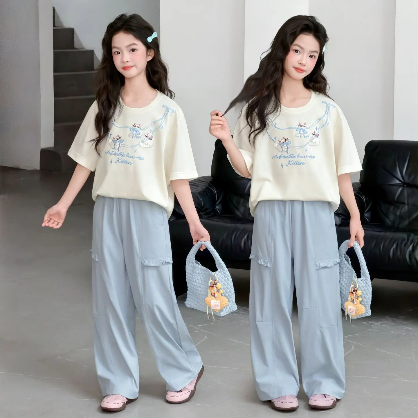 Kids Girls Fashion Summer Set, Short Sleeve Graphic Tee + Elastic Waist Lightweight Pants, Breathable Casual Comfortable Wear