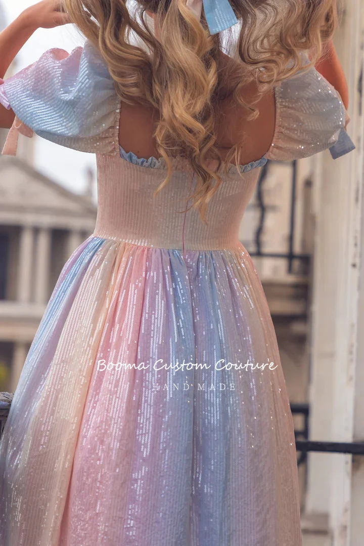 Booma Pastel Rainbow Sequin Midi Prom Dresses Square Neck Short Puff Sleeves Tea-Length A-Line Party Gowns Formal Event Dresses