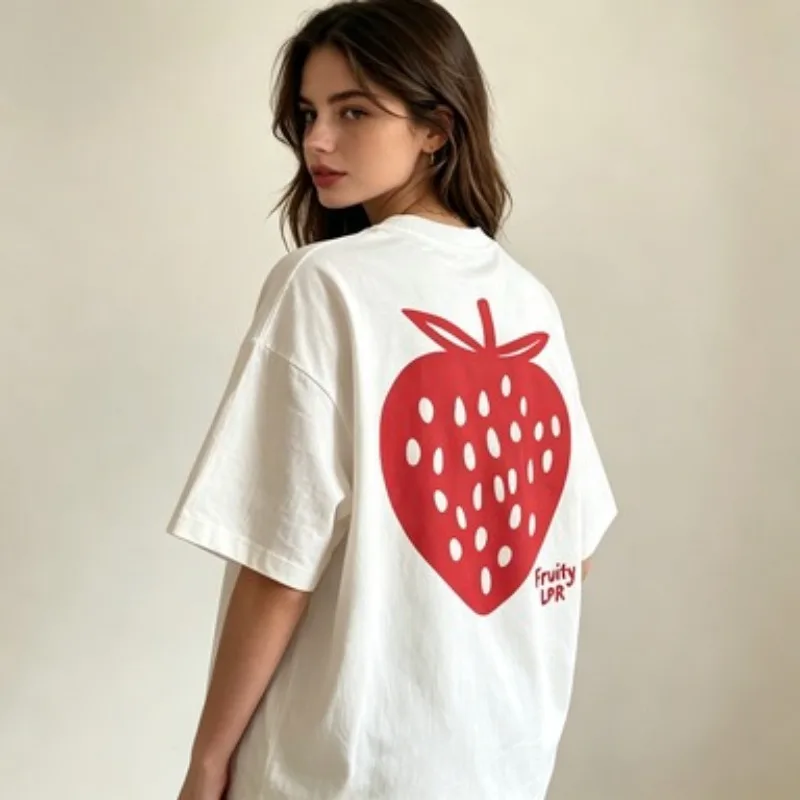 Retro Strawberry Fruit Pattern T-shirt Fashion Aesthetics Summer Atmosphere Women's Leisure Vacation Short Sleeve Women's Top