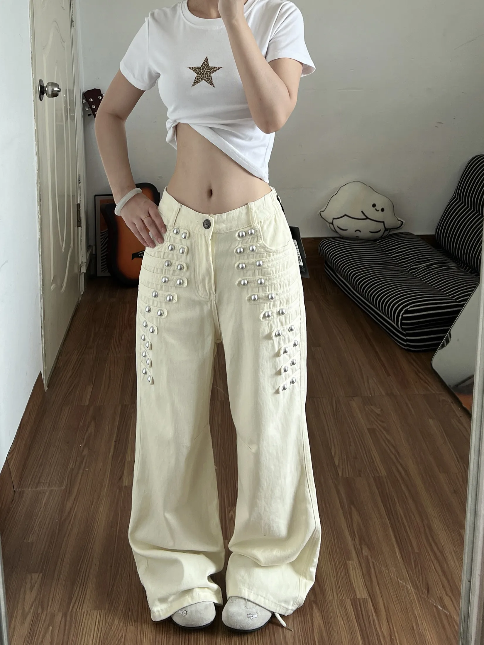 American Style Court Metal Buckle Wide Leg Pants Men Women Autumn Vintage Napoleon Design Long Pants Trendy Loose Fit Jeans