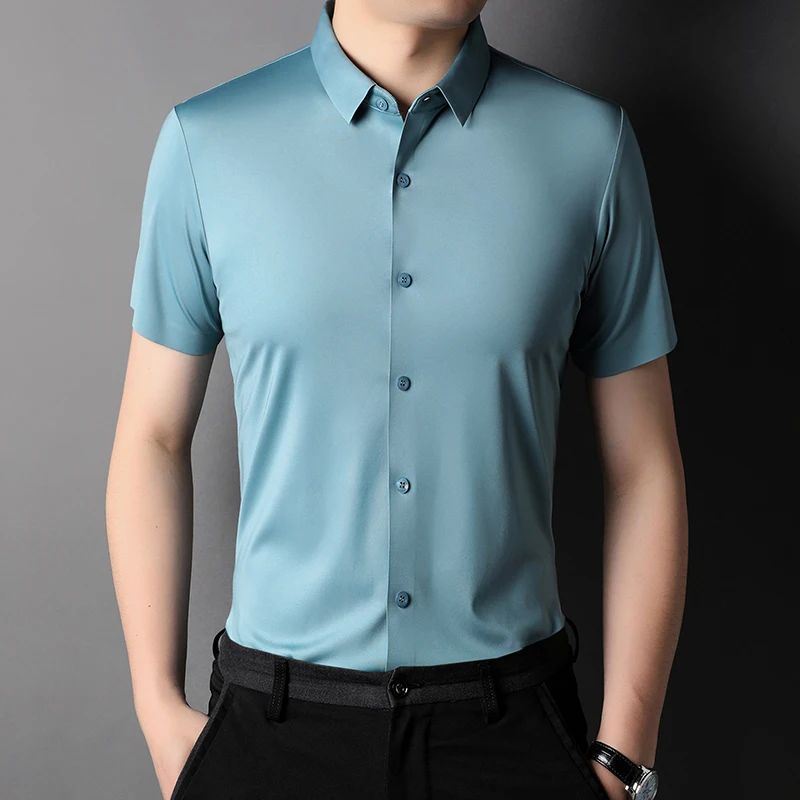 MLSHP High Elasticity Summer Men\'s Shirts Luxury Short Sleeve Solid Color Seamless Business Casual Male Dress Shirts 4XL